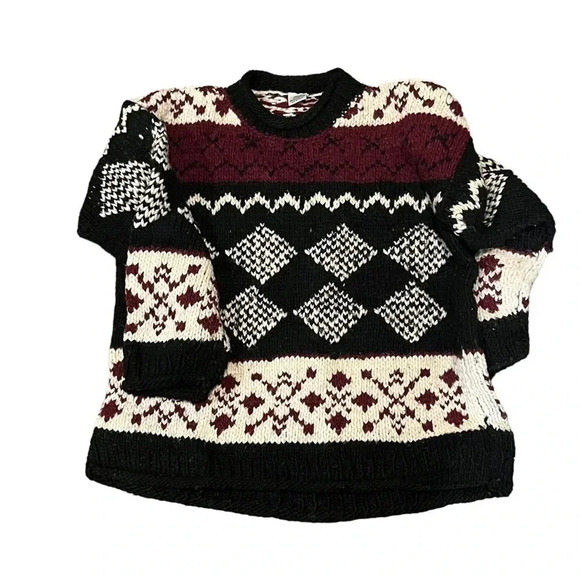 Sweaters - Vintage 90s Ecuador Incas Chunky Hand Knit Black Ivory Sweater Womens Large